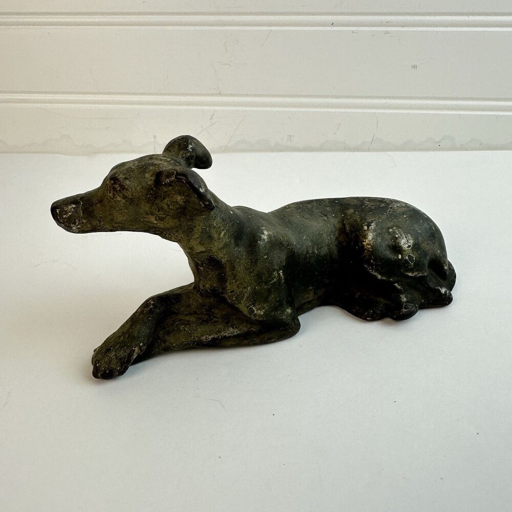 Cast Iron Bronzed Metal Greyhound Whippet Laying Dog Paws Crossed Patina Figure
